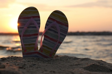 Photo of Stylish flip flops on sand near sea, space for text. Beach accessories