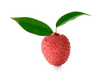 Whole ripe lychee fruit with green leaves isolated on white