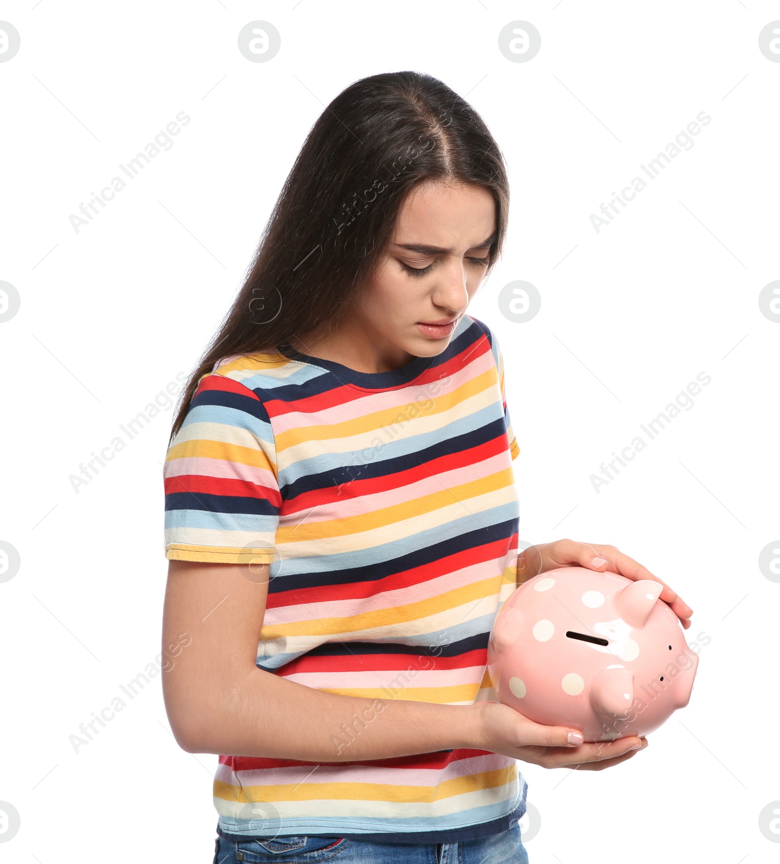 Photo of Portrait of young woman with piggy bank on white background