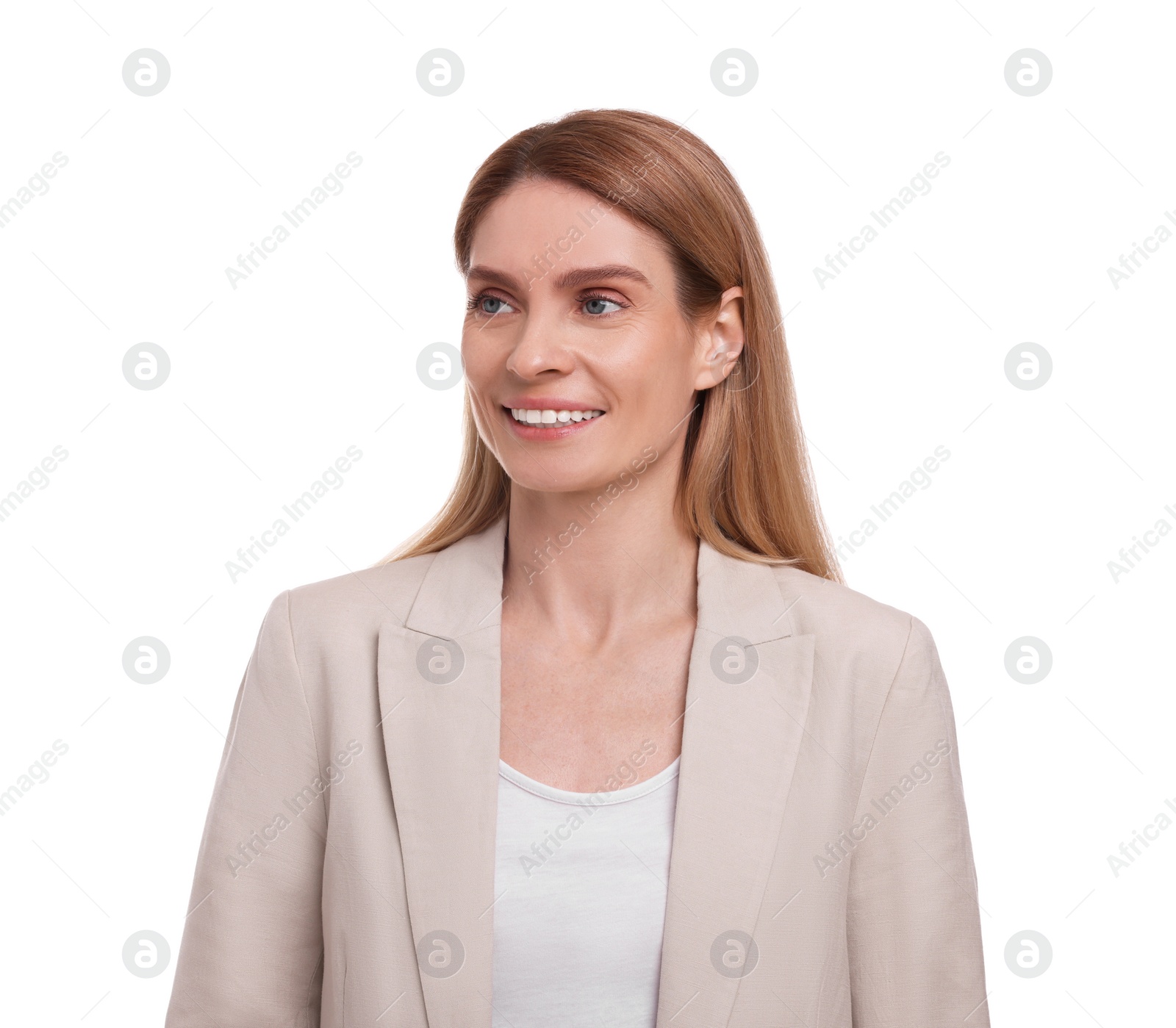 Photo of Portrait of beautiful happy businesswoman on white background