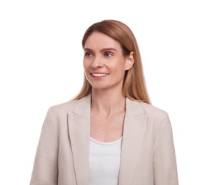 Photo of Portrait of beautiful happy businesswoman on white background
