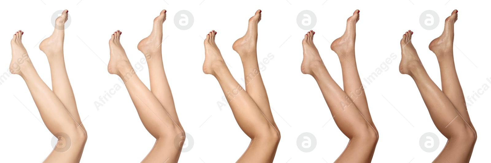 Image of Woman with beautiful legs on white background, closeup. Collage of photos showing stages of suntanning