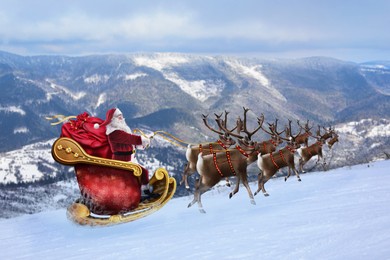 Magic Christmas eve. Santa with reindeers outdoors on snowy winter day 