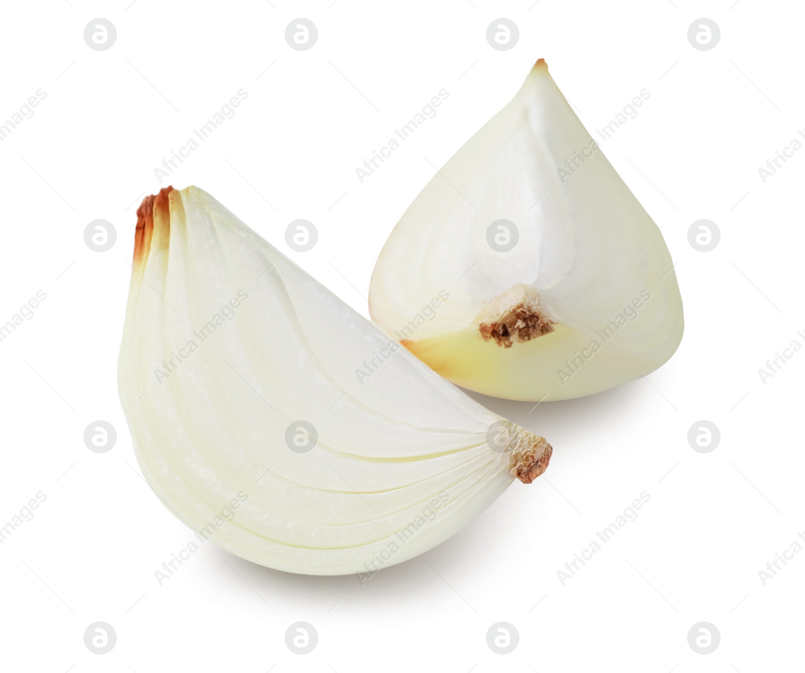 Photo of Pieces of fresh onion on white background