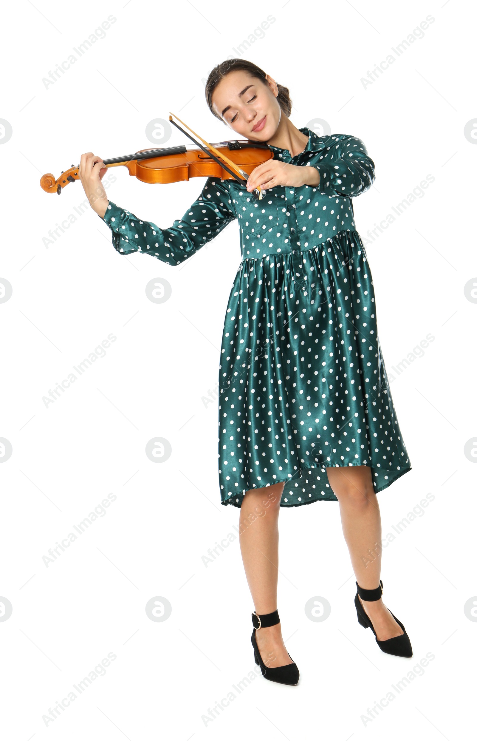 Photo of Beautiful woman playing violin on white background