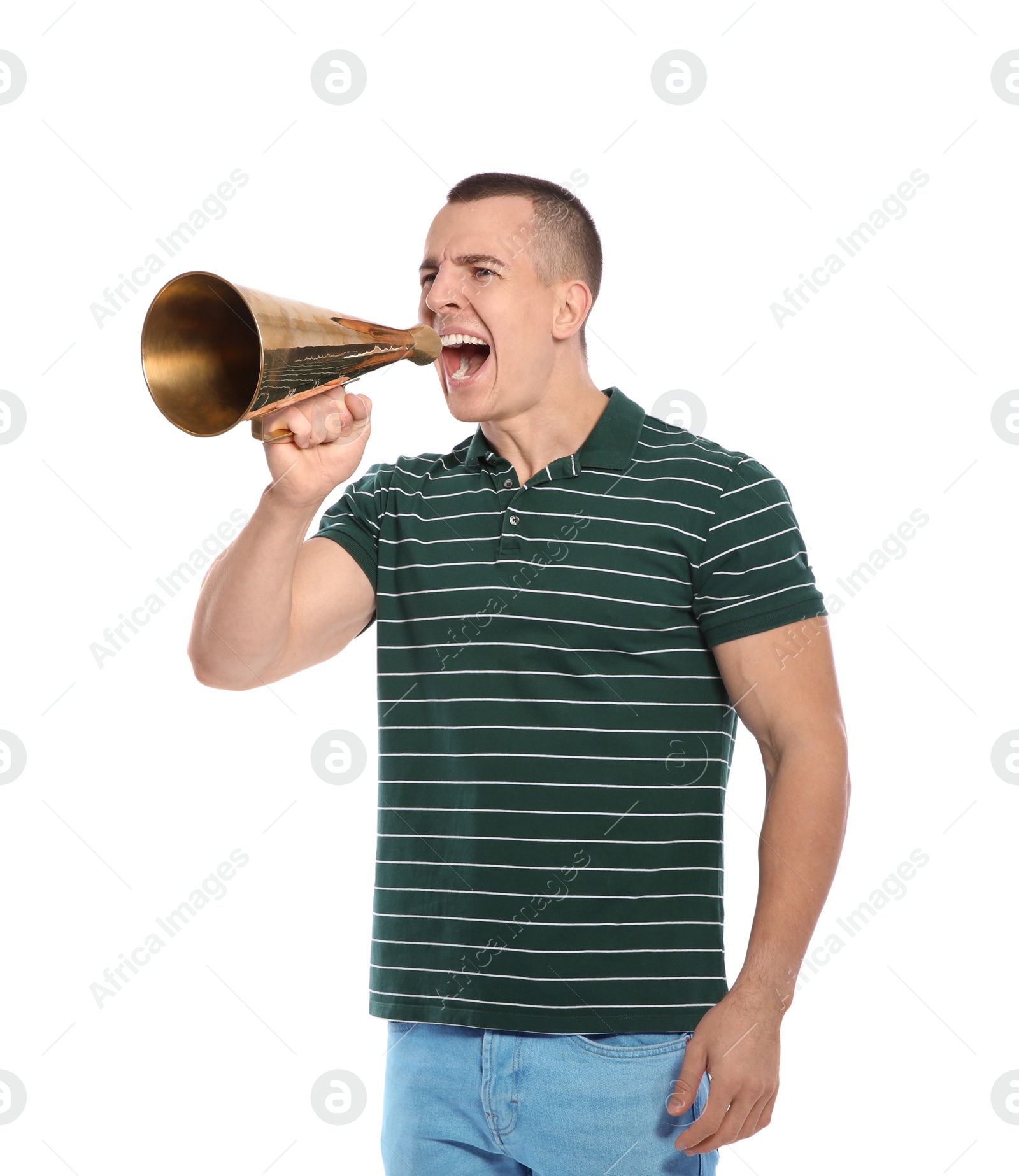 Photo of Young emotional man with megaphone on white background
