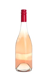 Photo of Bottle of rose champagne on white background. Festive drink