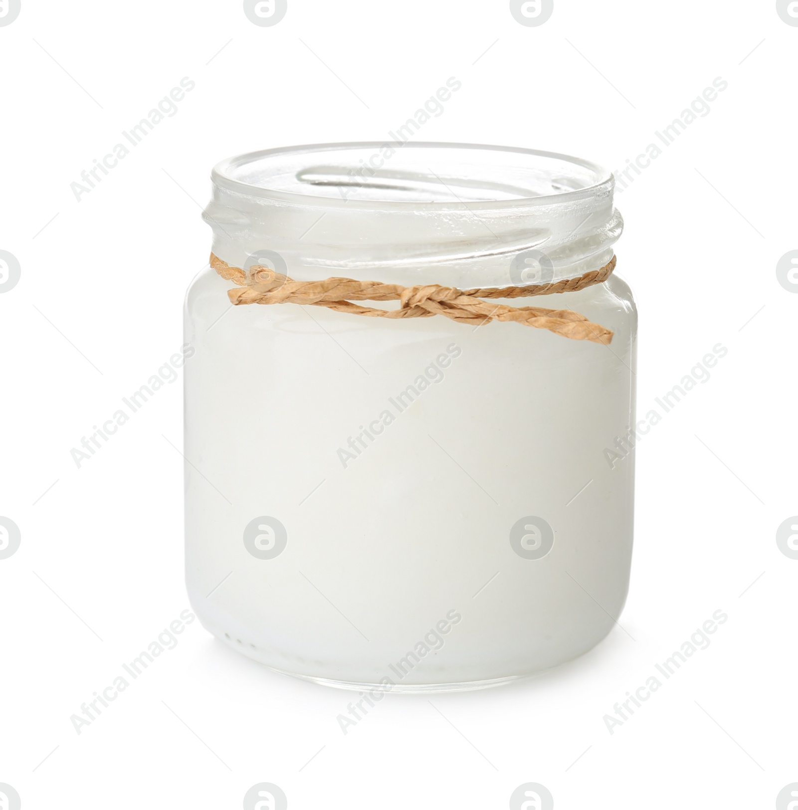 Photo of Organic coconut oil in jar isolated on white. Healthy cooking