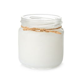 Photo of Organic coconut oil in jar isolated on white. Healthy cooking