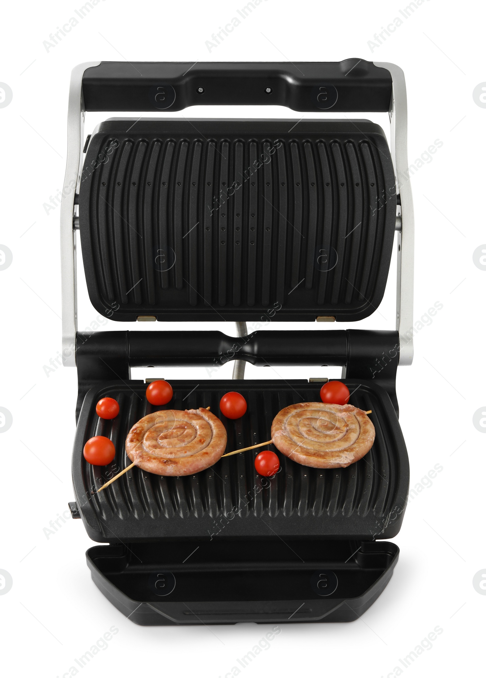 Photo of Electric grill with homemade sausages and fresh tomatoes isolated on white