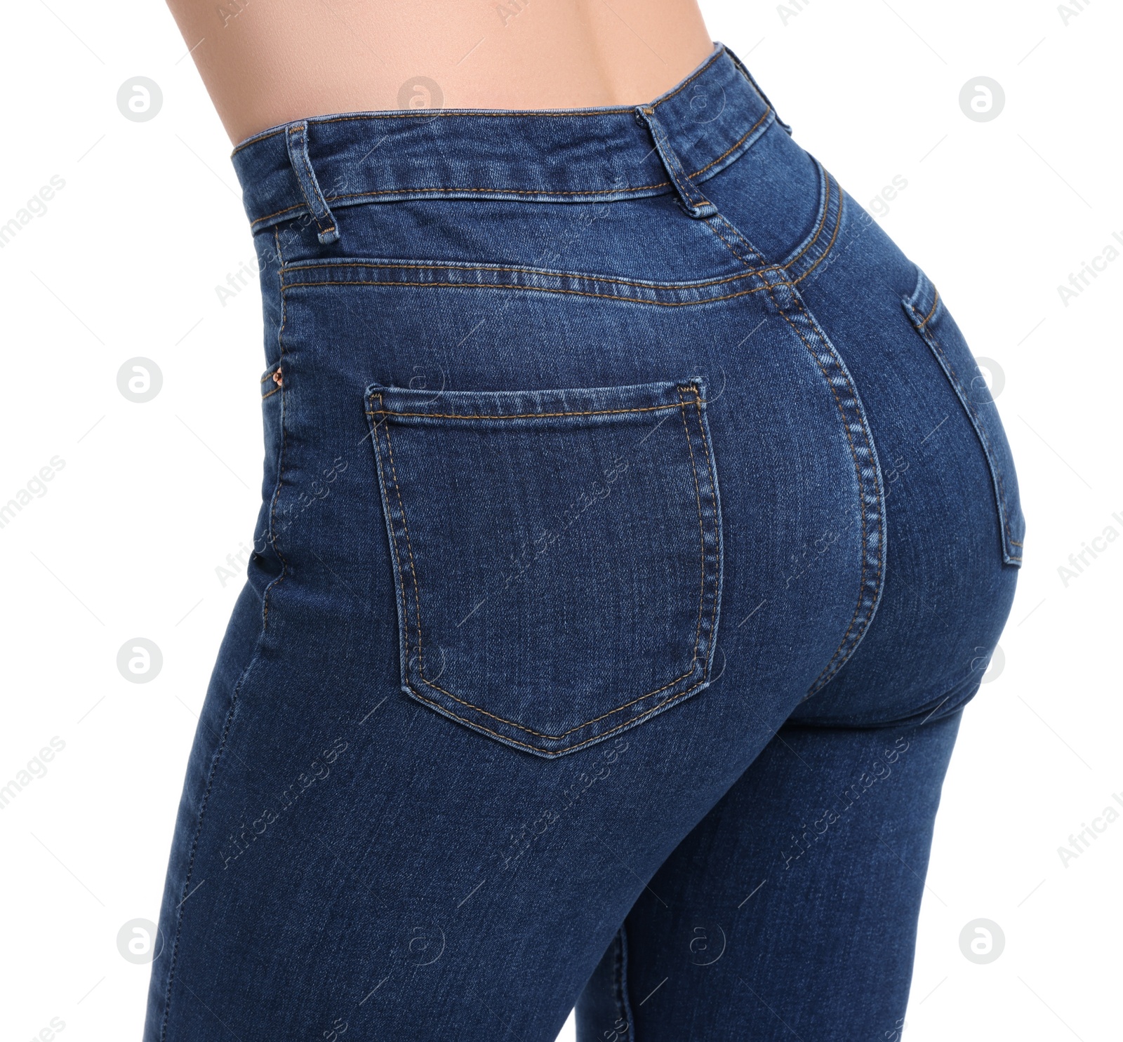 Photo of Woman in stylish jeans on white background, closeup