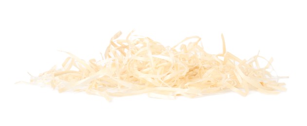 Photo of Pile of wood shavings isolated on white