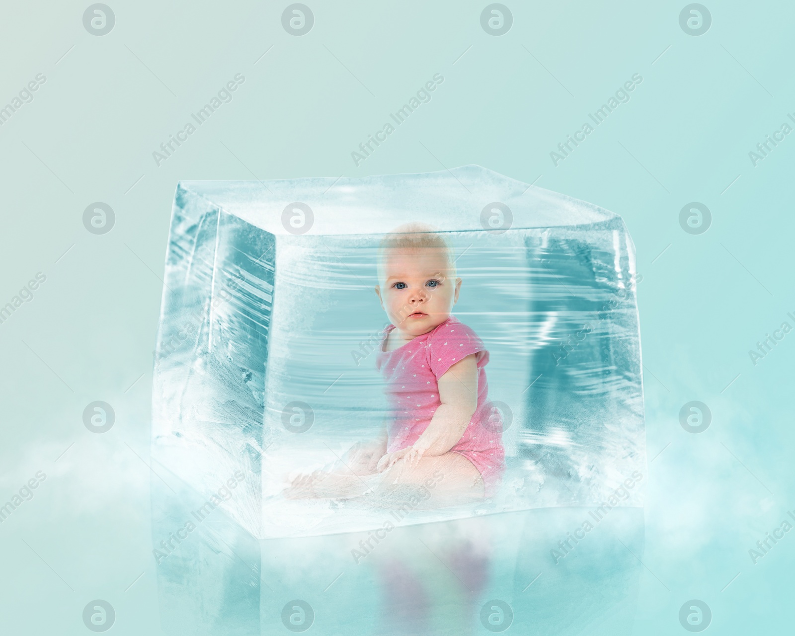 Image of Cryopreservation as method of infertility treatment. Baby in ice cube on light blue background