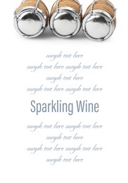 Image of Sparkling wine corks with muselet caps on white background. Space for design