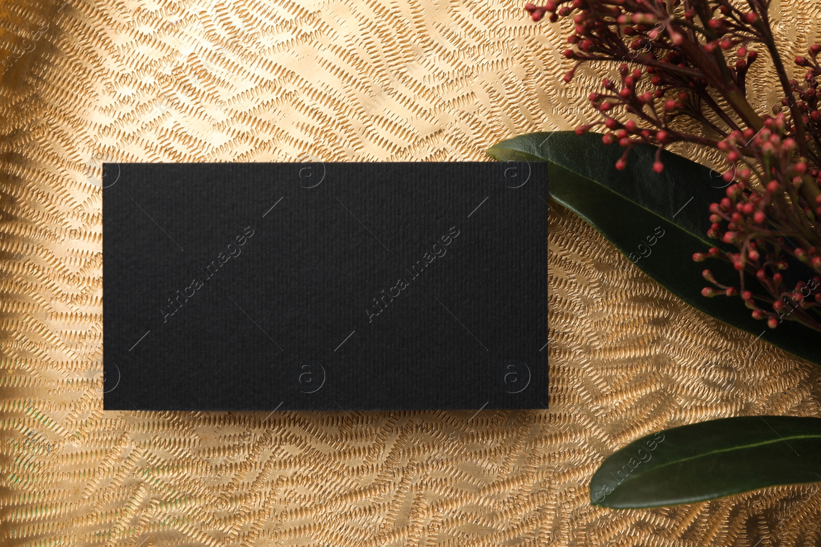 Photo of Blank business card and beautiful plant with green leaves on golden background, flat lay. Mockup for design