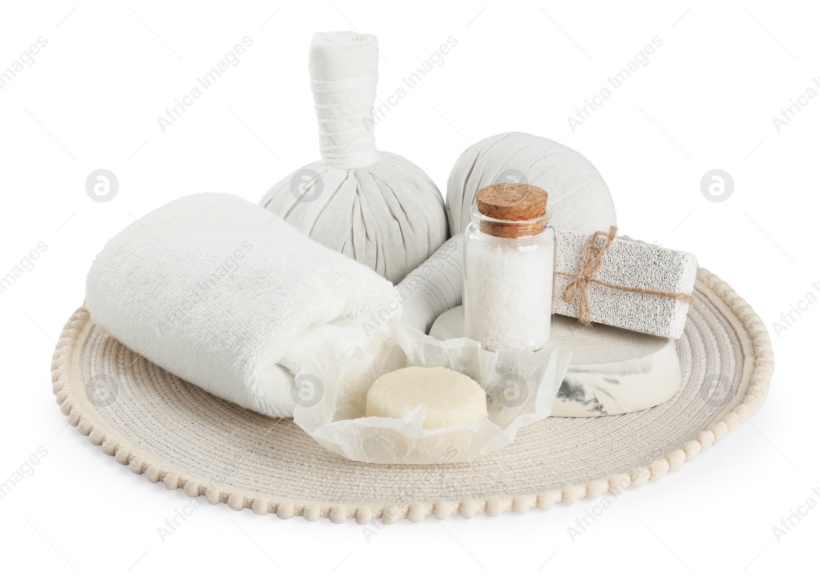 Photo of Beautiful spa composition with different body care products isolated on white