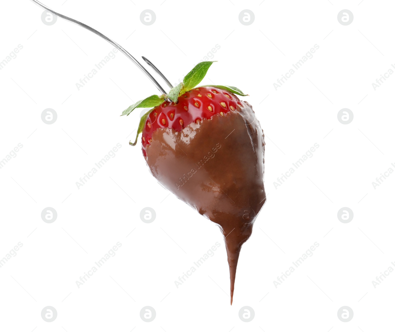 Photo of Strawberry with milk chocolate on fondue fork against white background