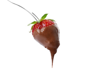 Photo of Strawberry with milk chocolate on fondue fork against white background