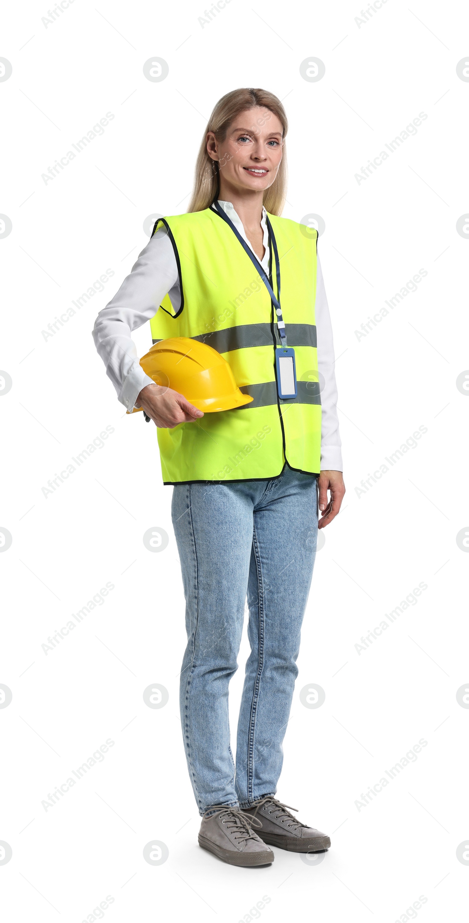 Photo of Engineer with hard hat and badge on white background