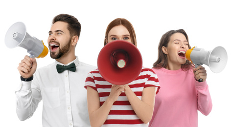 People with megaphones on white background. Banner design