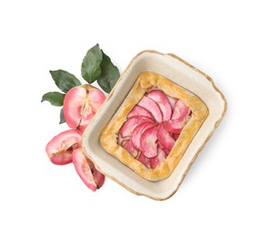 Photo of Delicious galette with apples and leaves isolated on white, top view