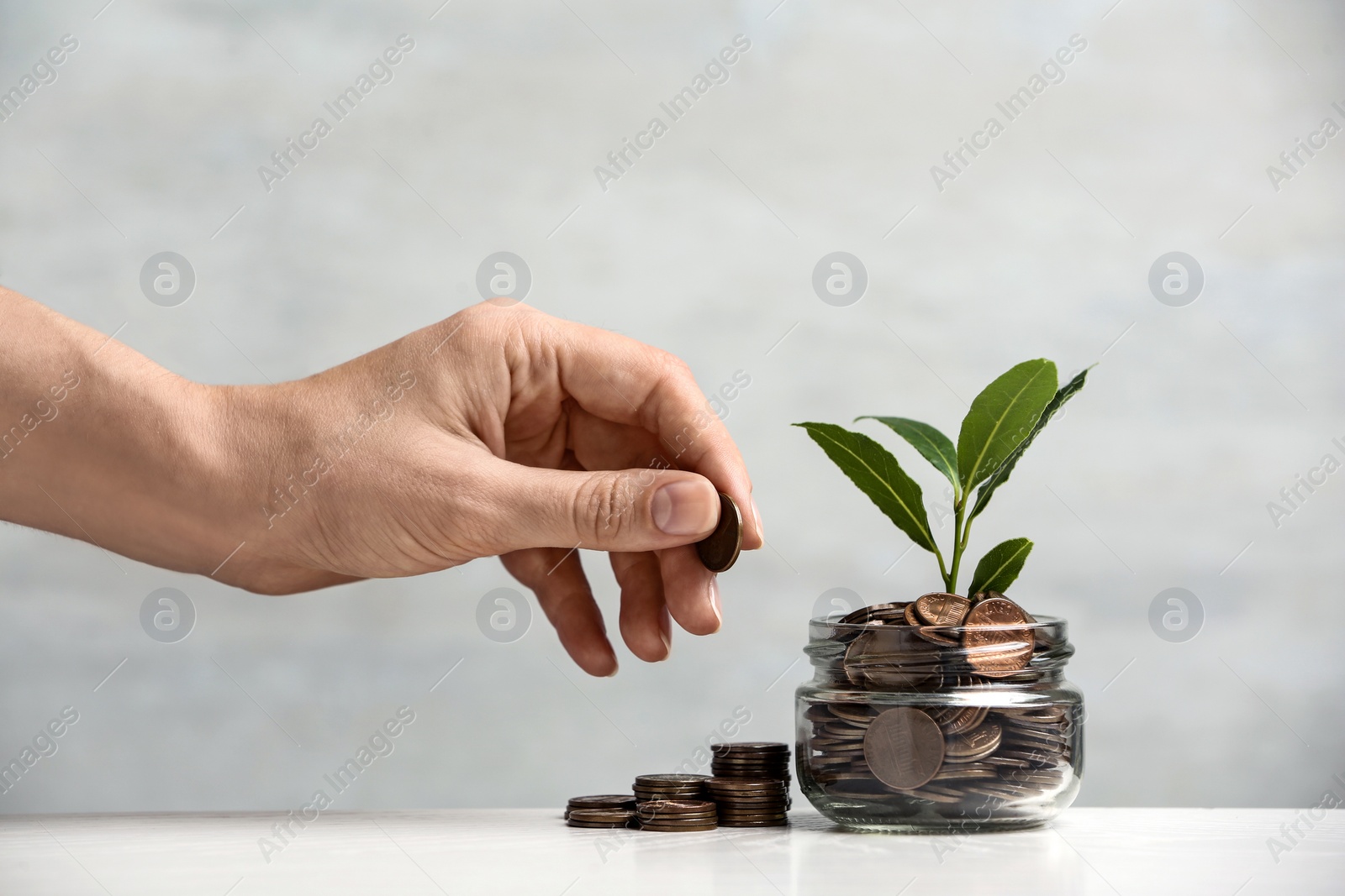Photo of Woman putting coin onto stack, glass jar and green plant on table against light background, closeup