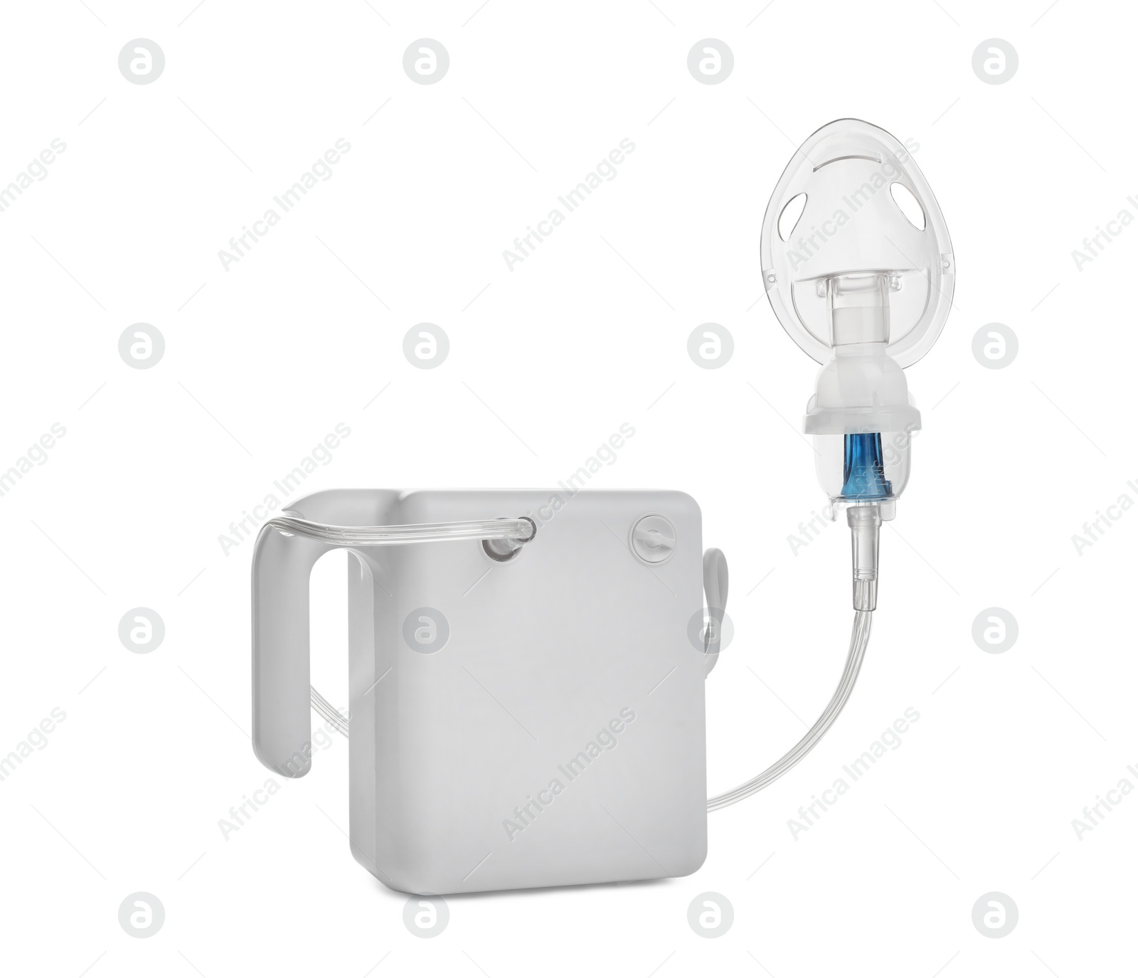 Photo of Modern nebulizer with face mask on white background. Inhalation equipment