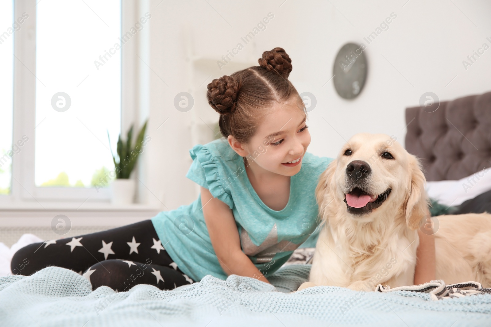 Photo of Cute little child with her pet on bed at home