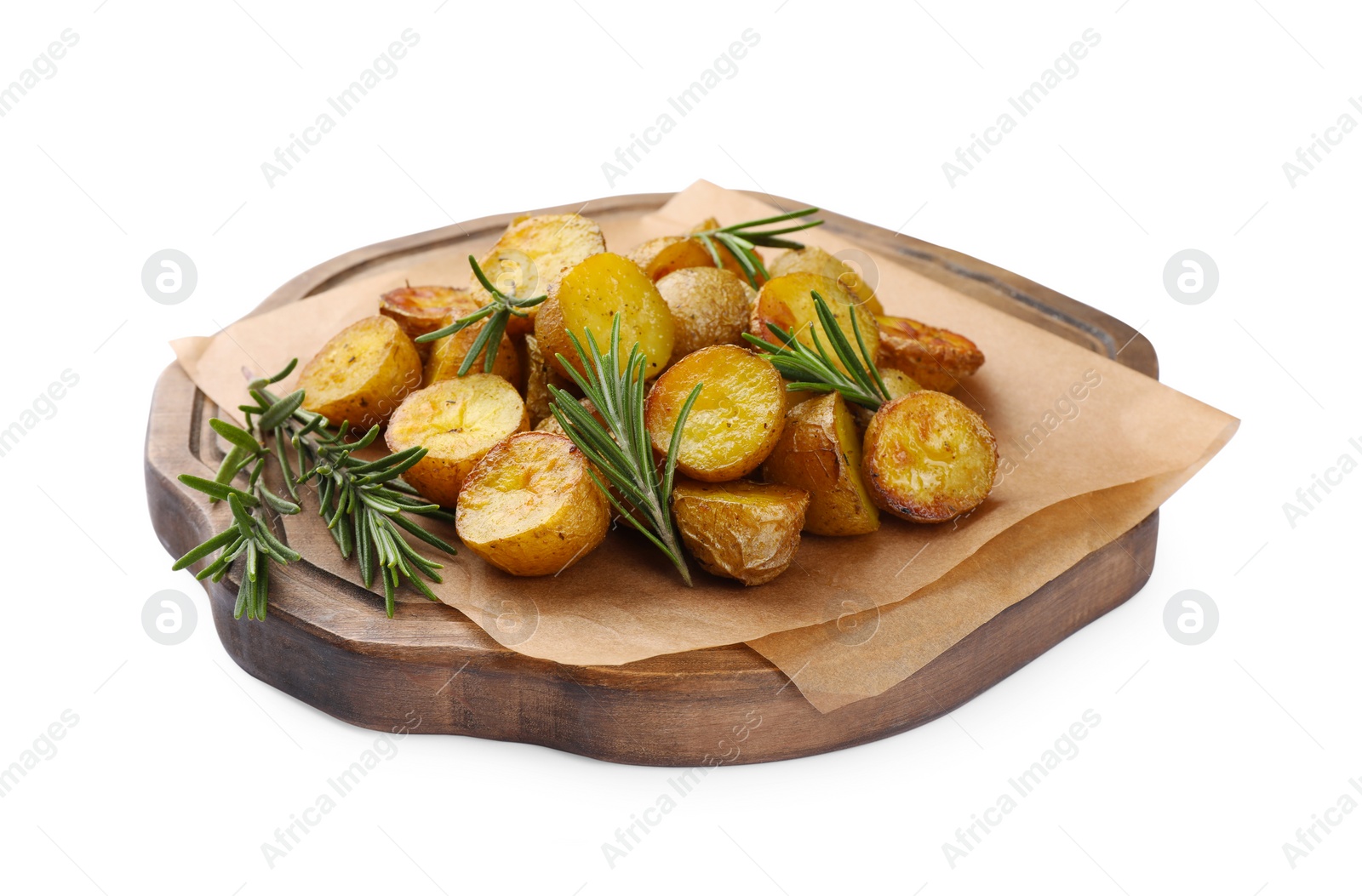 Photo of Board with tasty baked potato and aromatic rosemary isolated on white