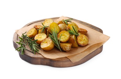 Photo of Board with tasty baked potato and aromatic rosemary isolated on white