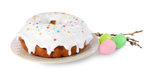Easter cake with sprinkles, painted eggs and willow branches isolated on white