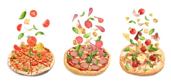 Image of Delicious pizzas and flying ingredients on white background, collage. Banner design