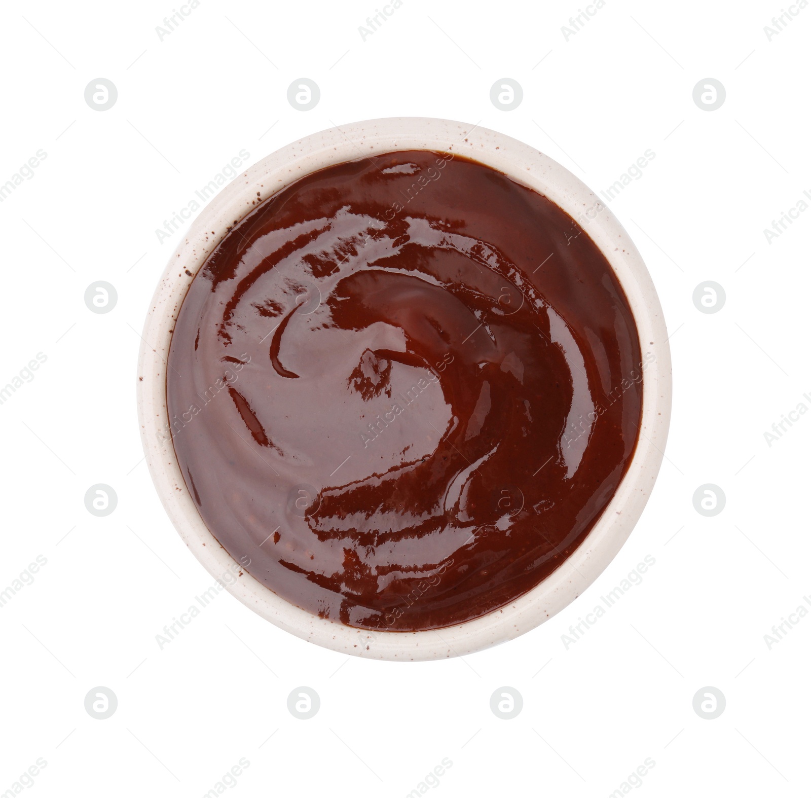 Photo of Marinade in bowl isolated on white, top view