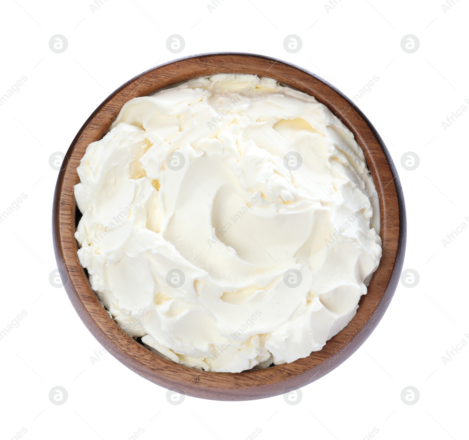 Photo of Bowl of tasty cream cheese isolated on white, top view