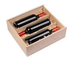 Wooden gift box with wine bottles isolated on white