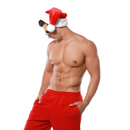 Sexy shirtless Santa Claus on white background