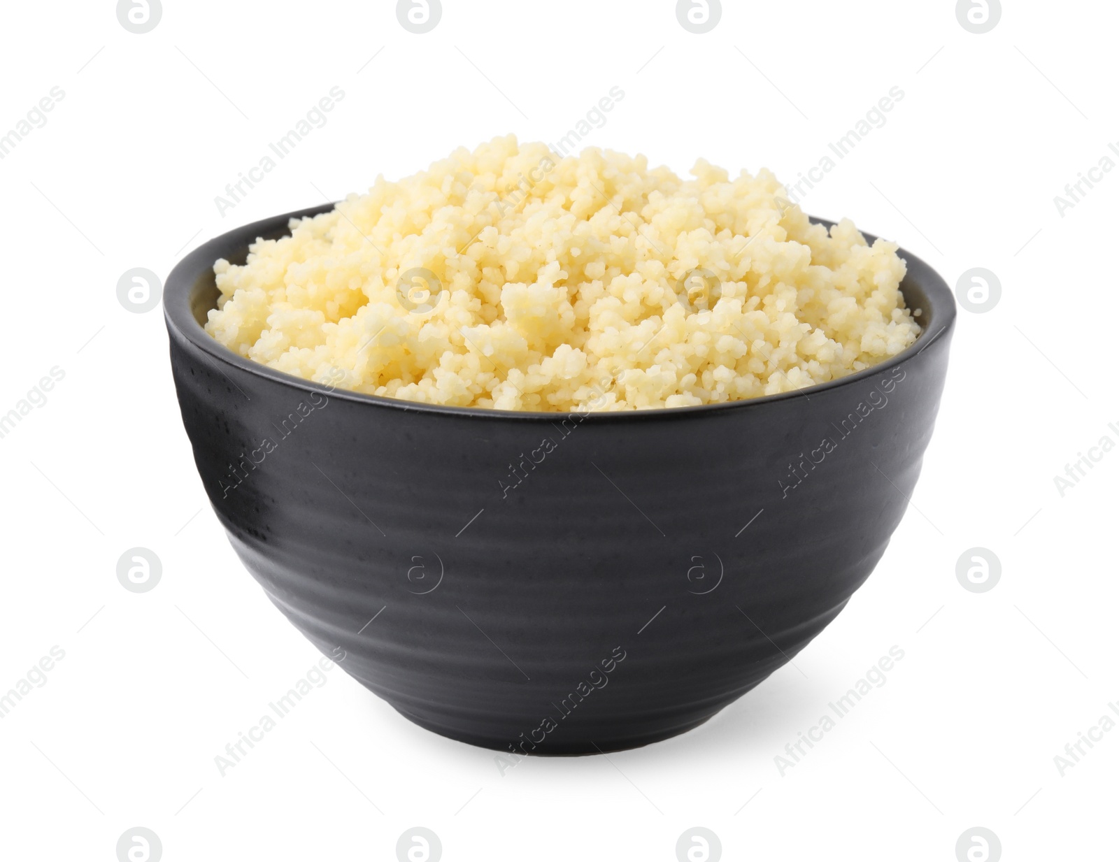 Photo of Tasty couscous in bowl isolated on white