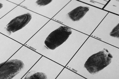 Police form with fingerprints, closeup. Forensic examination