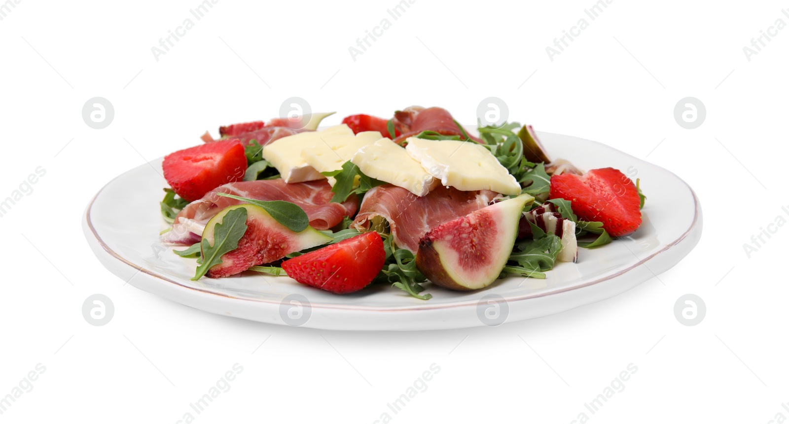 Photo of Tasty salad with brie cheese, prosciutto, strawberries and figs isolated on white
