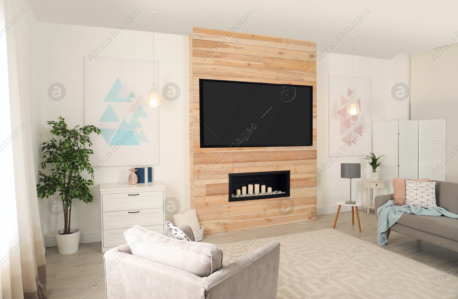 Photo of Living room interior with modern TV on wooden wall