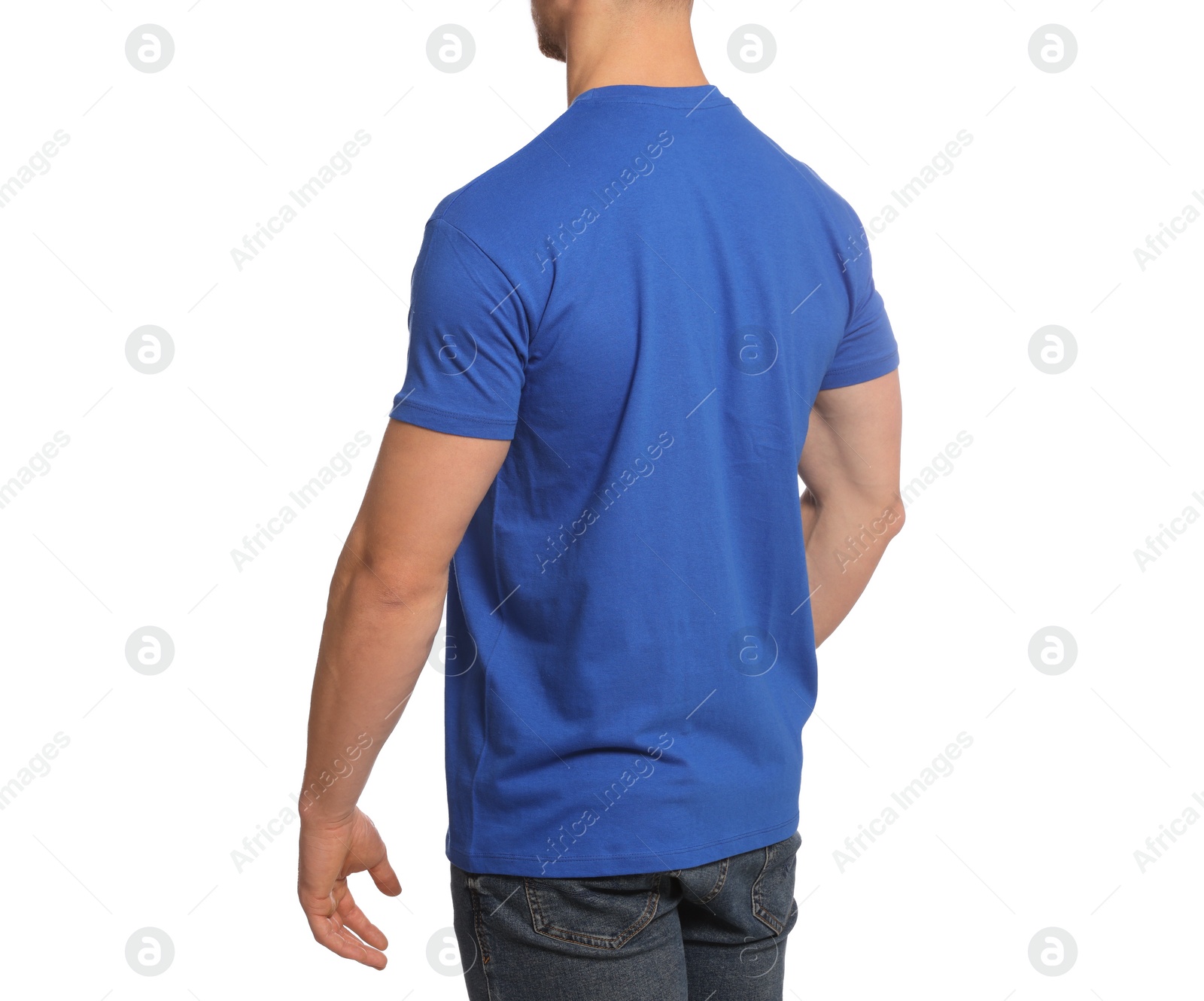 Photo of Man wearing blue t-shirt on white background, closeup. Mockup for design