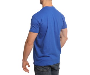 Man wearing blue t-shirt on white background, closeup. Mockup for design