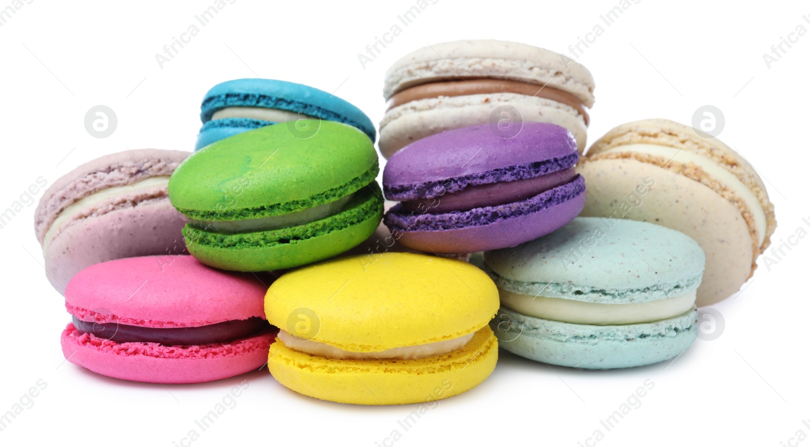 Photo of Different delicious colorful macarons on white background