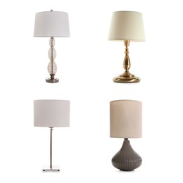 Set with stylish night lamps on white background 