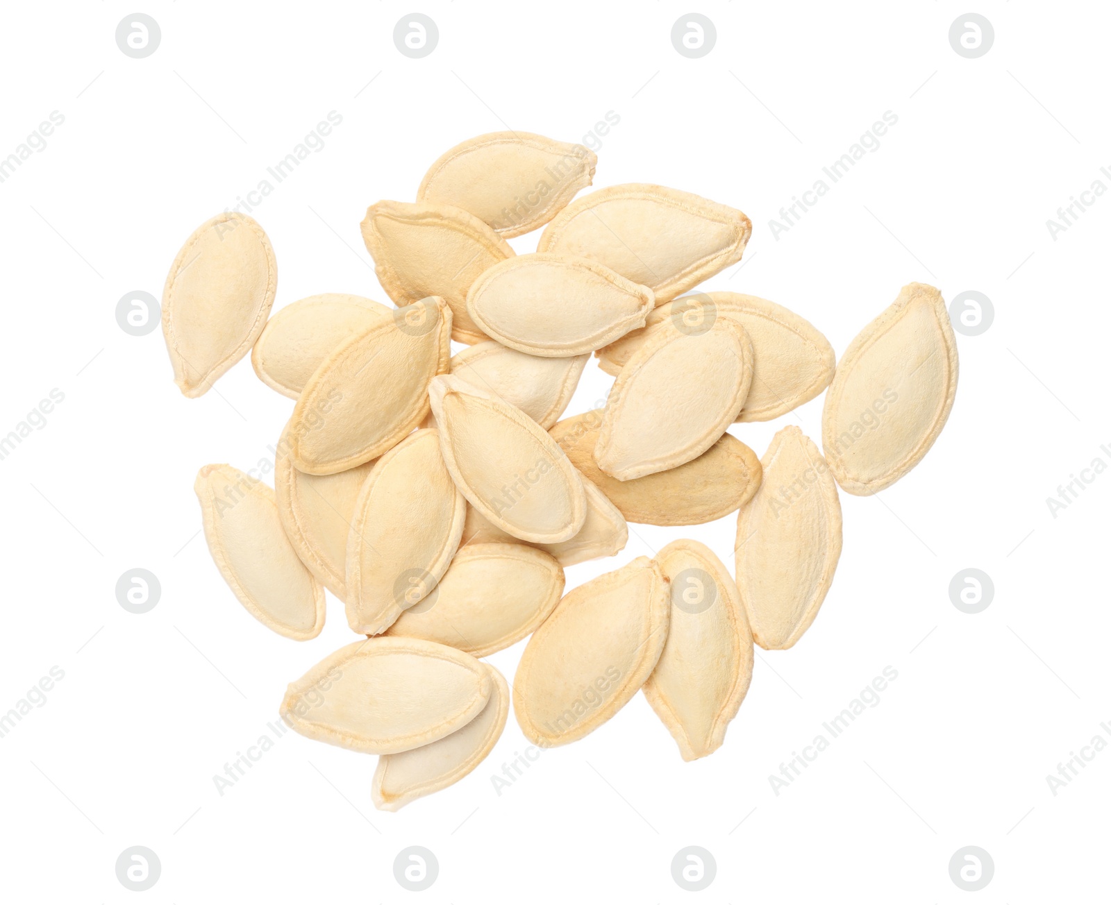 Photo of Dry pumpkin seeds isolated on white, top view