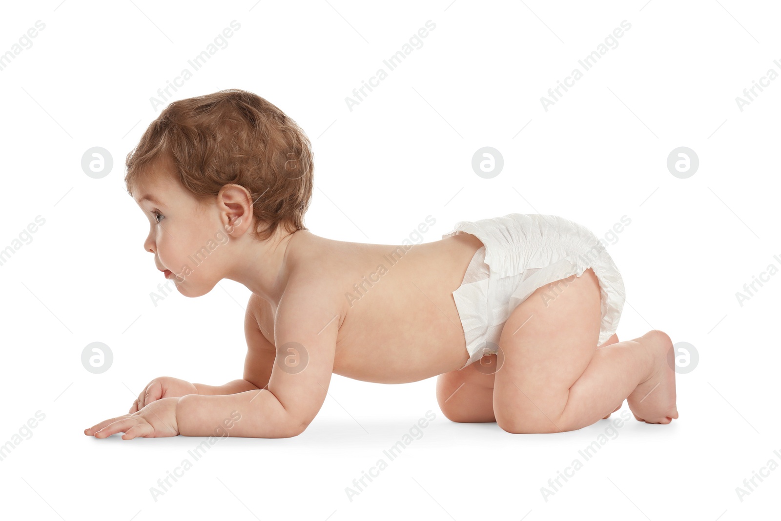 Photo of Cute little baby in diaper on white background