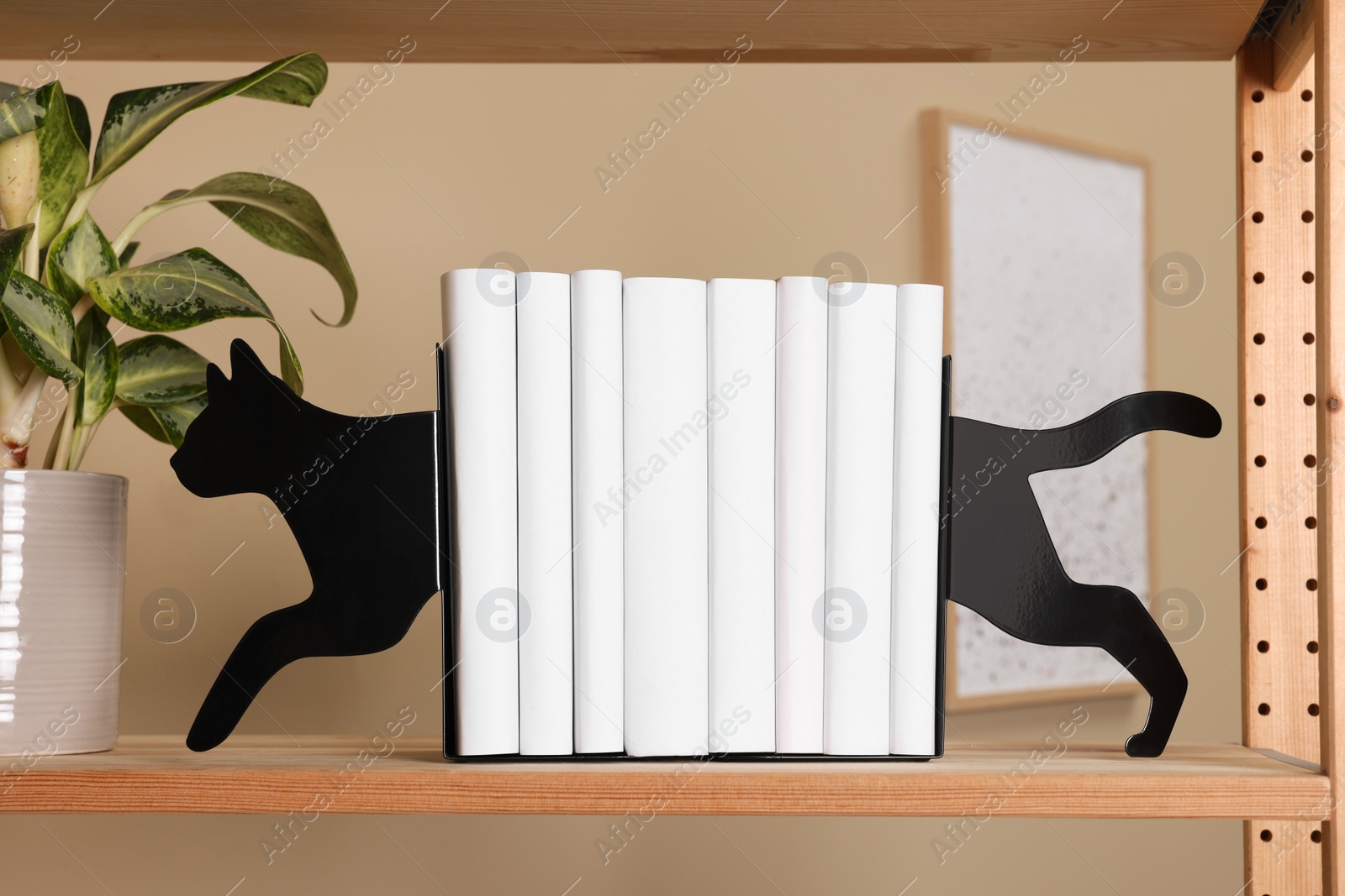 Photo of Minimalist cat shaped bookends with books and plant on shelf indoors