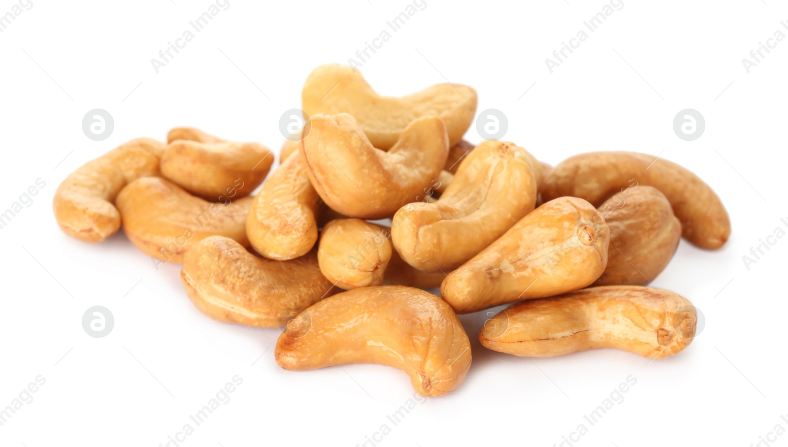 Photo of Pile of tasty organic cashew nuts isolated on white