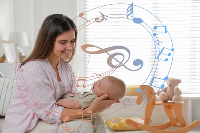 Mother singing lullaby to her baby in children room. Music notes illustrations flying around woman and child