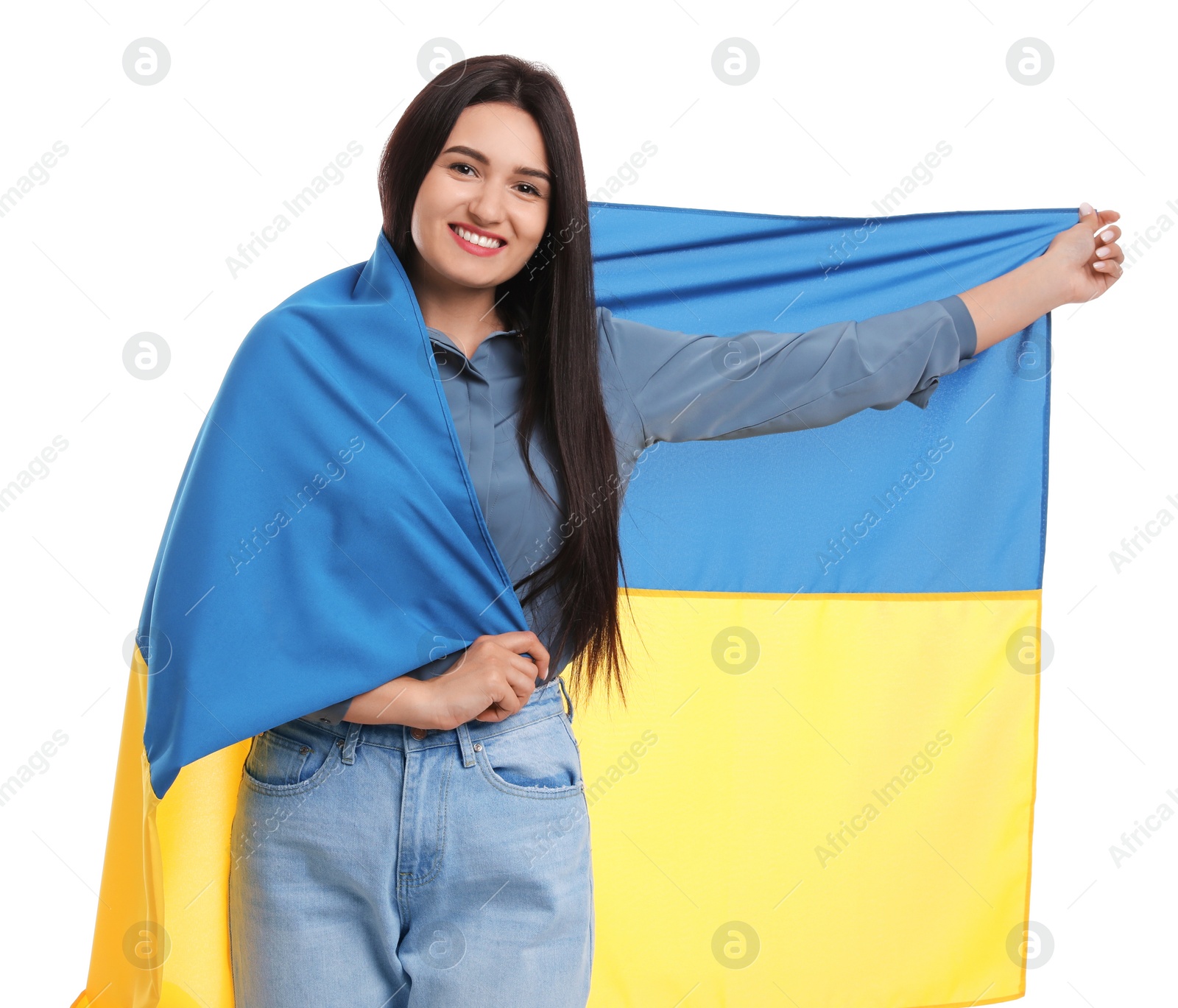 Photo of Young woman with flag of Ukraine on white background